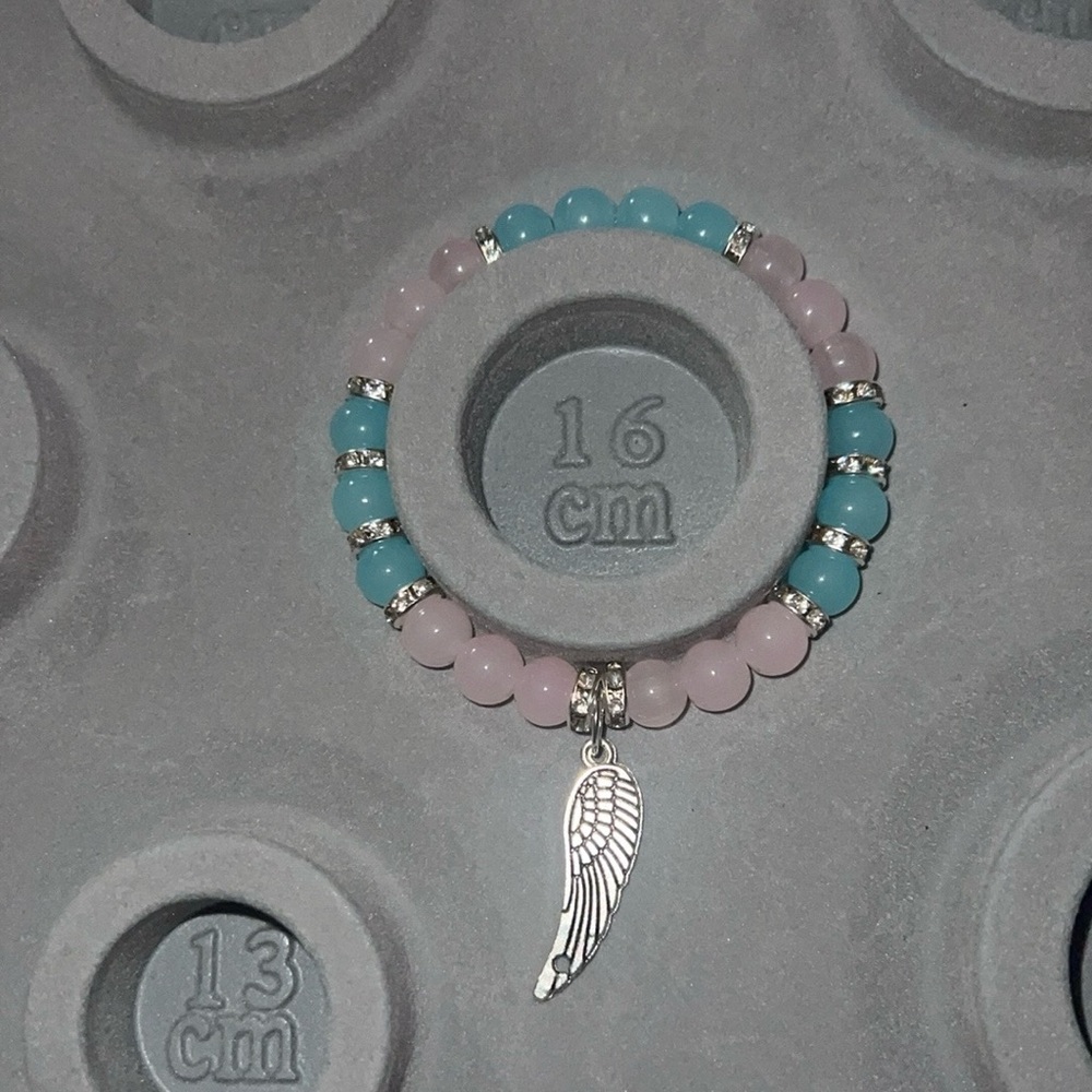 Silver Angel Wing Charm Bracelet with Pink and Blue Beads